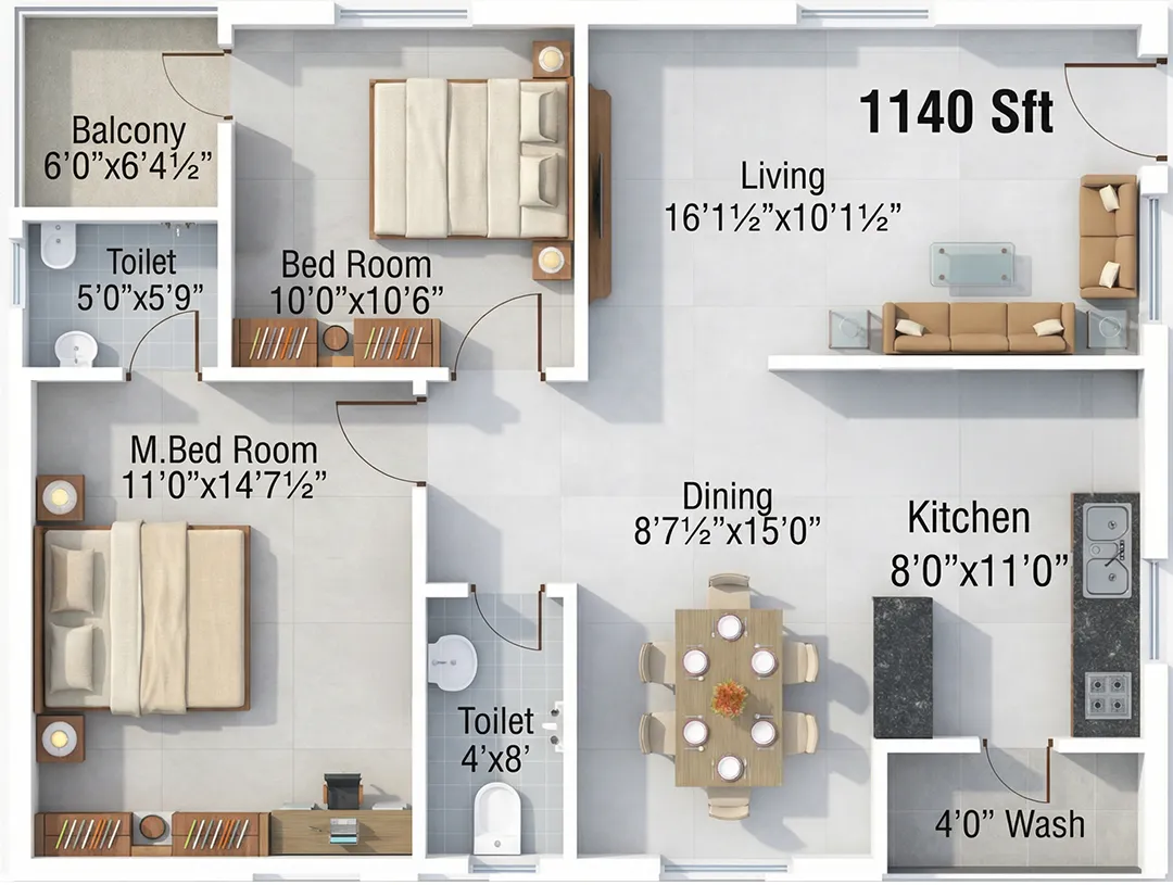 2 BHK 1140 East