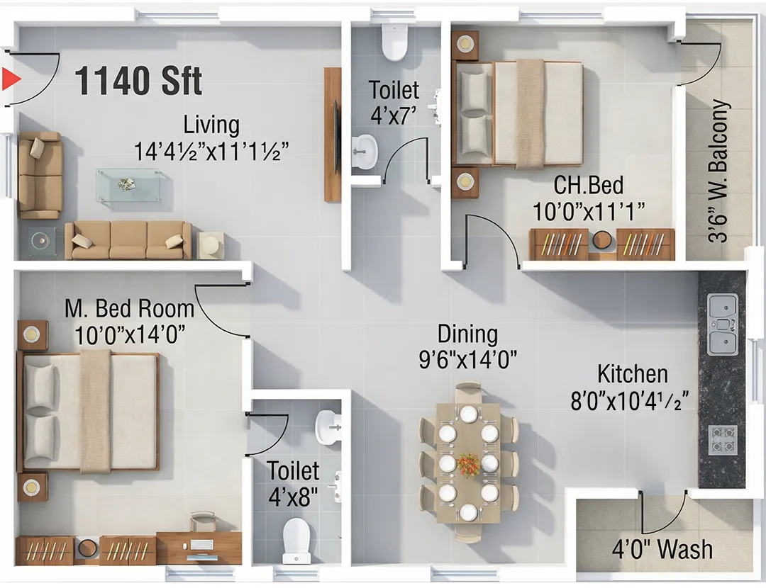 Sthira 2 BHK 1140 Sqft West Facing Floor Plan Shamirpet