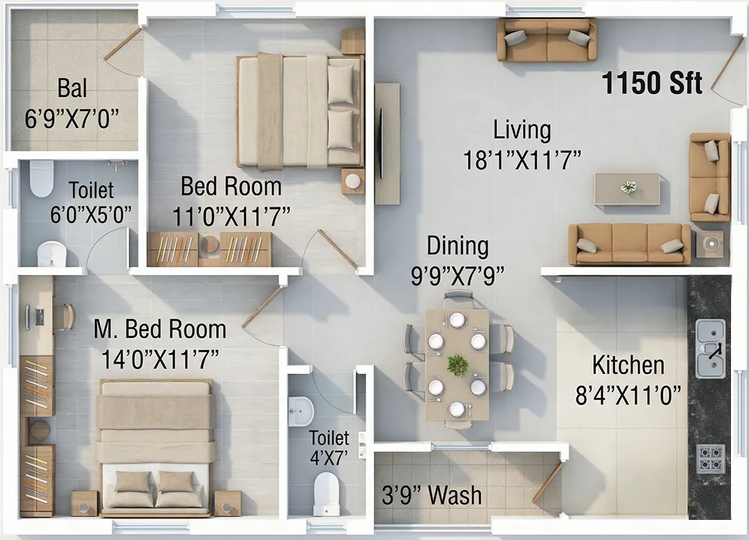 Sthira 2 BHK 1150 Sqft East Facing Floor Plan Shamirpet
