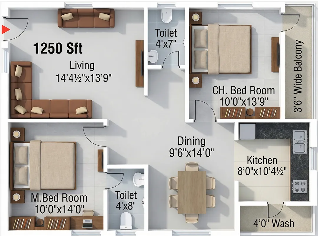 Sthira 2 BHK 1250 Sqft West Facing Floor Plan Shamirpet