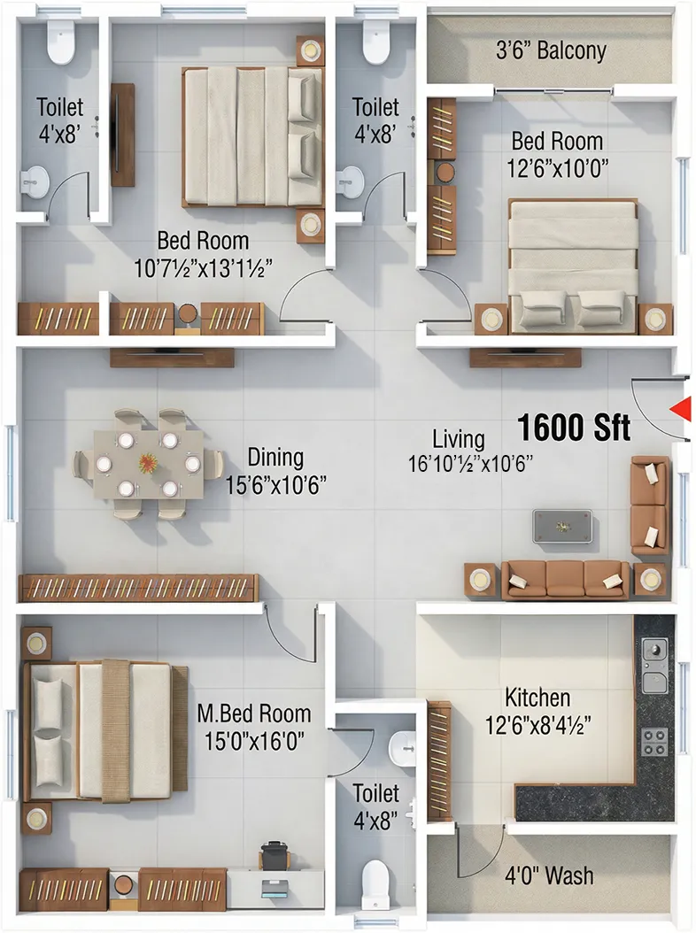 3 BHK 1600 East