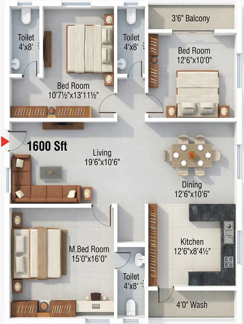 Sthira 3 BHK 1600 Sqft West Facing Floor Plan Shamirpet