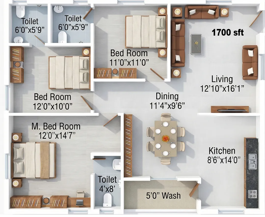 Sthira 3 BHK 1700 Sqft East Facing Floor Plan Shamirpet