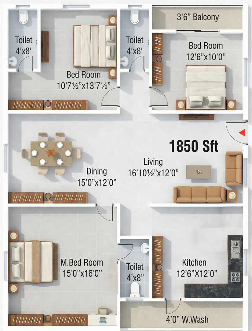 Sthira 3 BHK 1850 Sqft East Facing Floor Plan Shamirpet