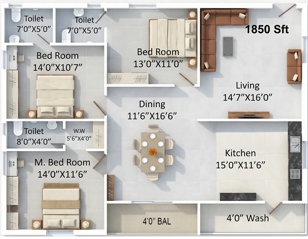 Sthira 3 BHK 1850 Sqft North Facing Floor Plan Shamirpet