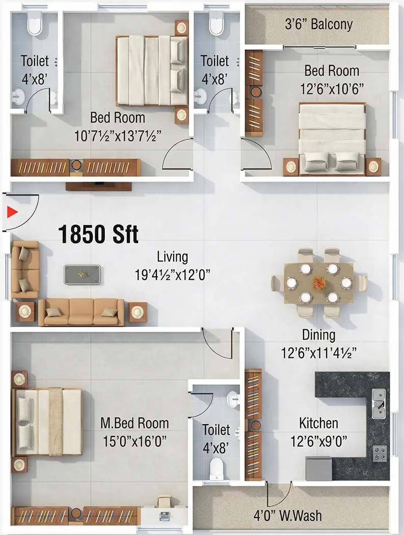 Sthira 3 BHK 1850 Sqft West Facing Floor Plan Shamirpet